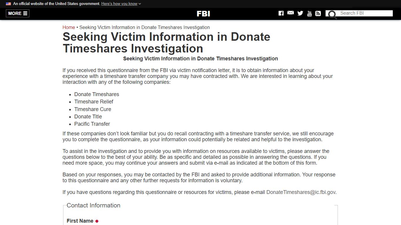 Seeking Victim Information in Donate Timeshares Investigation - FBI